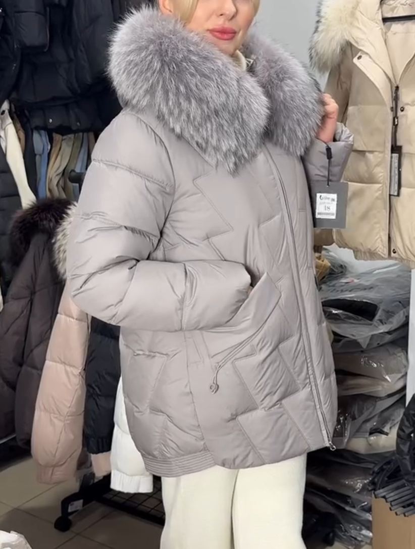 Detachable Fur-Collar Light Gray Quilted Down Jacket