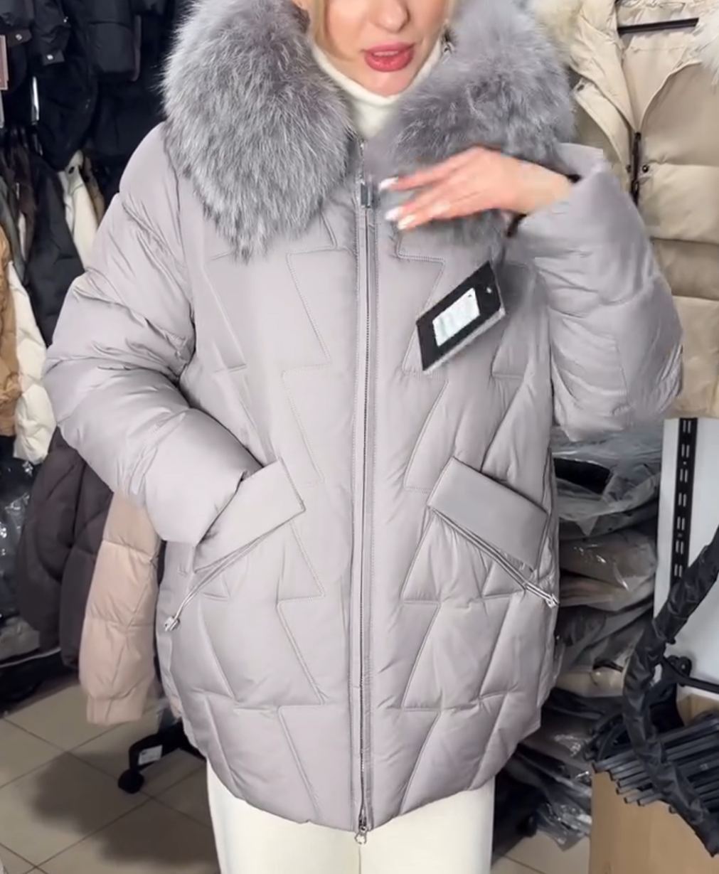 Detachable Fur-Collar Light Gray Quilted Down Jacket