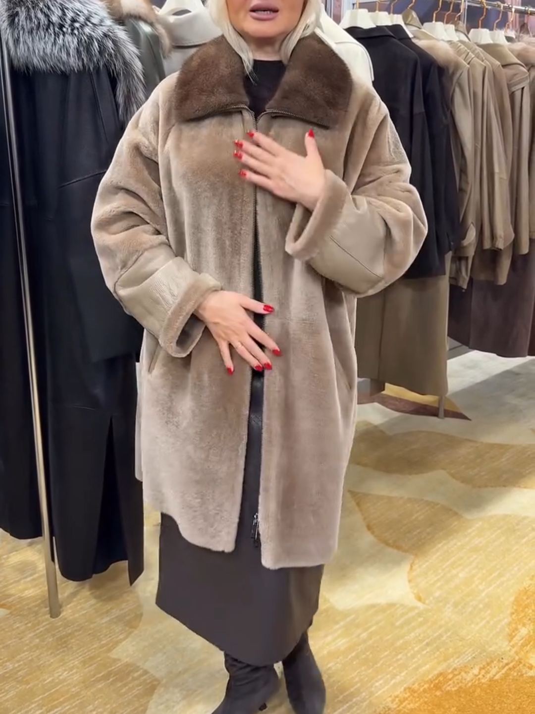 Luxury Color-Blocked Faux Fur Long Coat