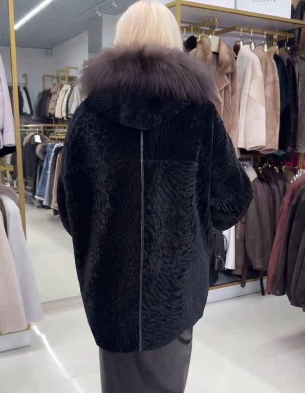 Leopard-Print Lining Black Faux Fur Jacket