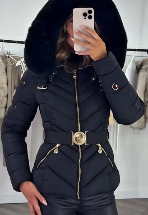Gold-Hardware Belted Fur-Hood Black Down Jacket