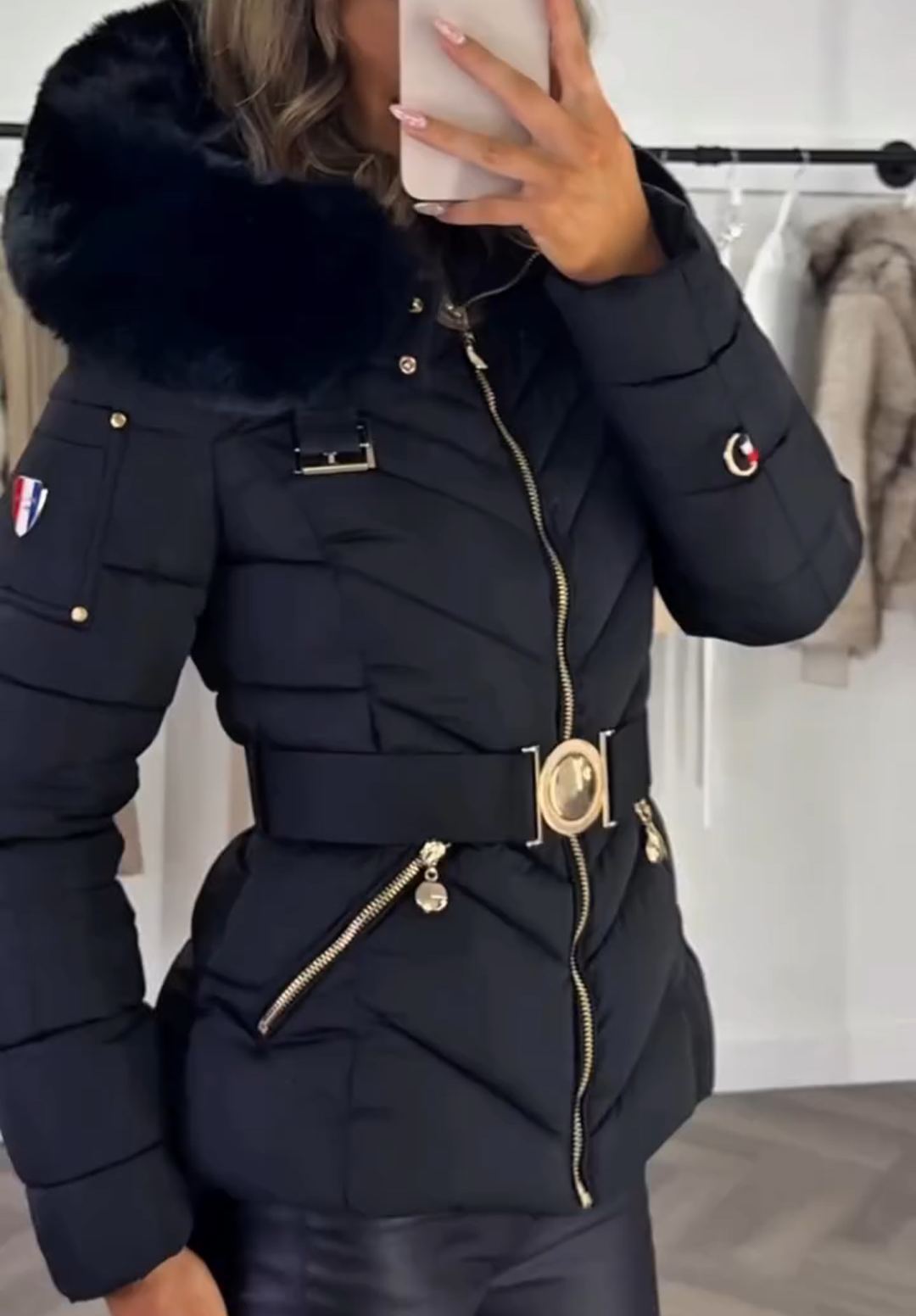 Gold-Hardware Belted Fur-Hood Black Down Jacket