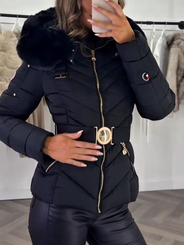 Gold-Hardware Belted Fur-Hood Black Down Jacket