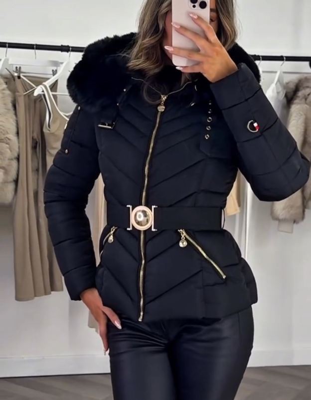 Gold-Hardware Belted Fur-Hood Black Down Jacket