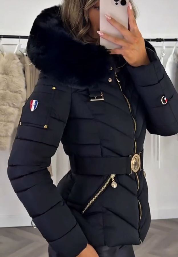 Gold-Hardware Belted Fur-Hood Black Down Jacket
