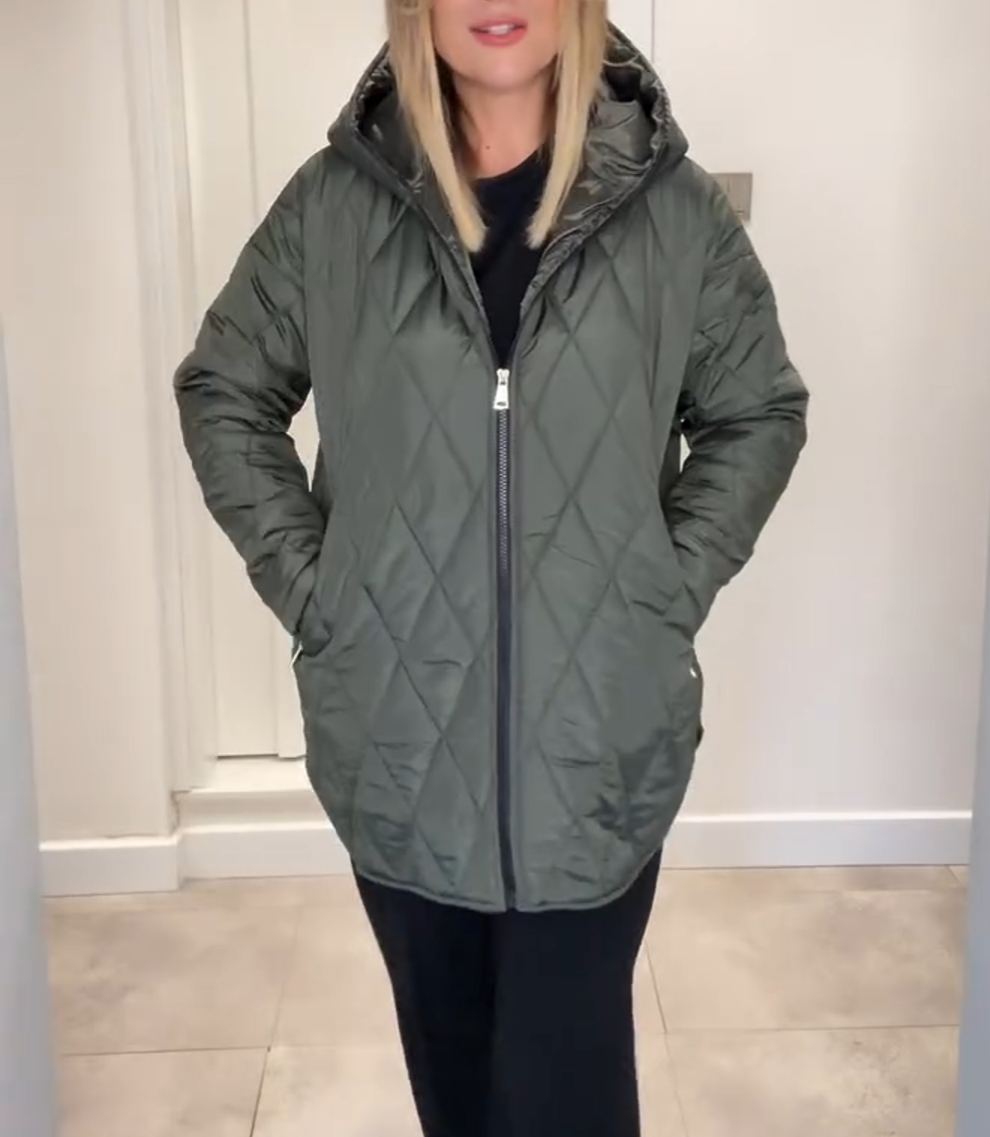 Olive Green Diamond-Quilted Hooded Down Jacket