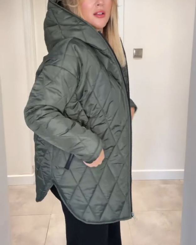 Olive Green Diamond-Quilted Hooded Down Jacket