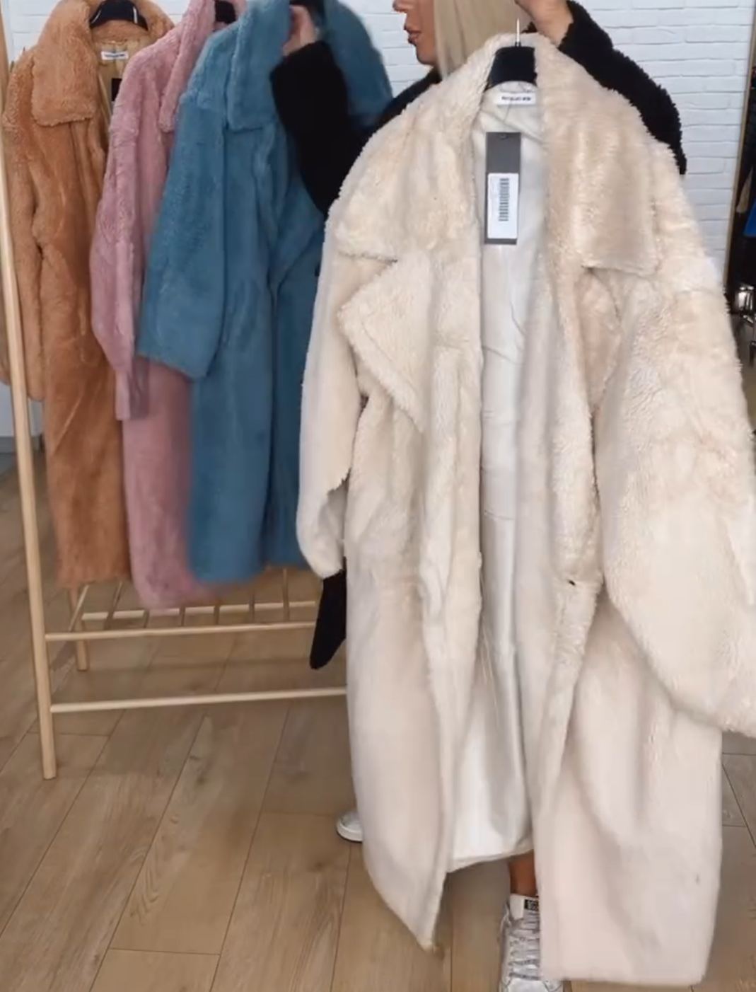 Longline Double-Breasted Faux Fur Overcoat