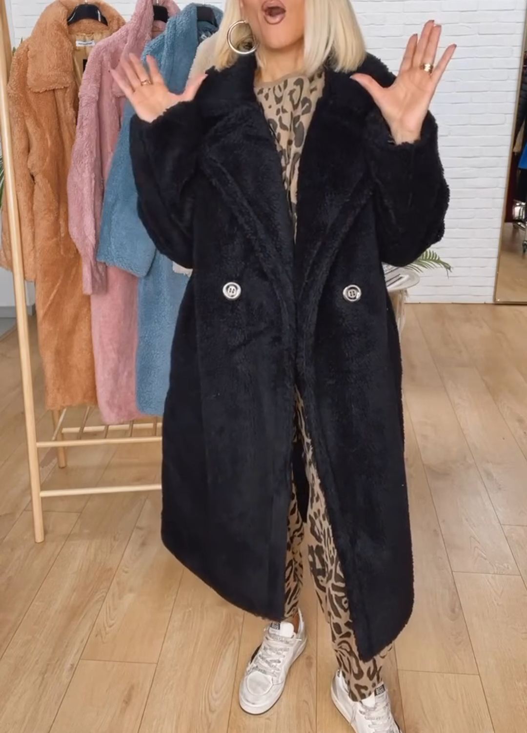 Longline Double-Breasted Faux Fur Overcoat