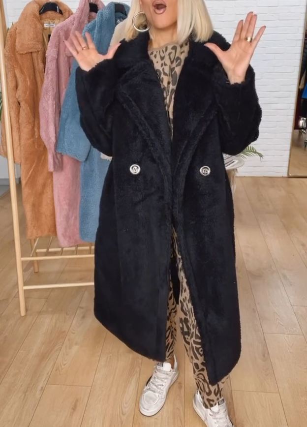 Longline Double-Breasted Faux Fur Overcoat