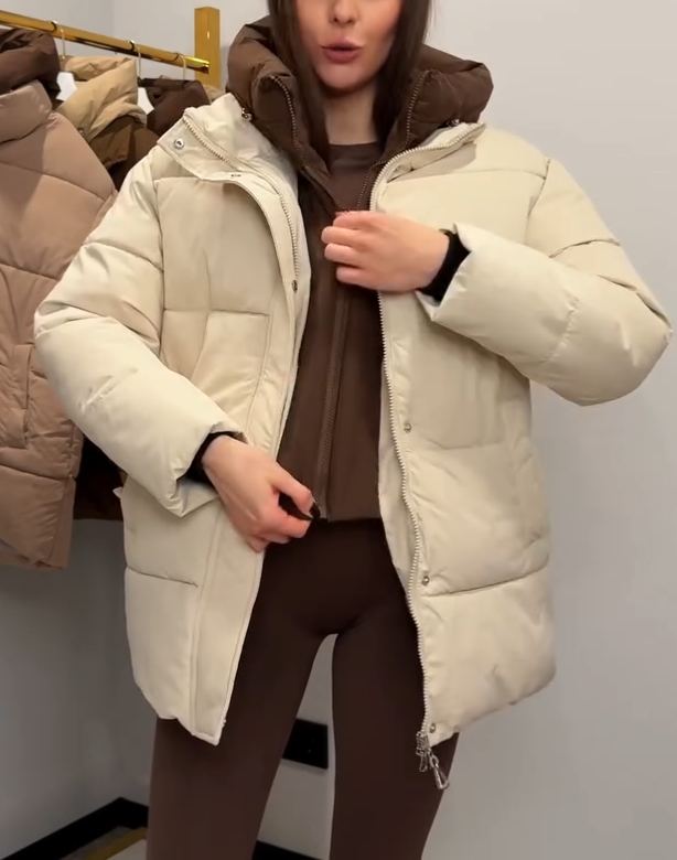 Contrast-Hood Belted Down Jacket