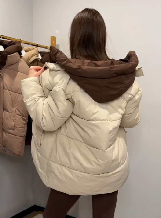 Contrast-Hood Belted Down Jacket