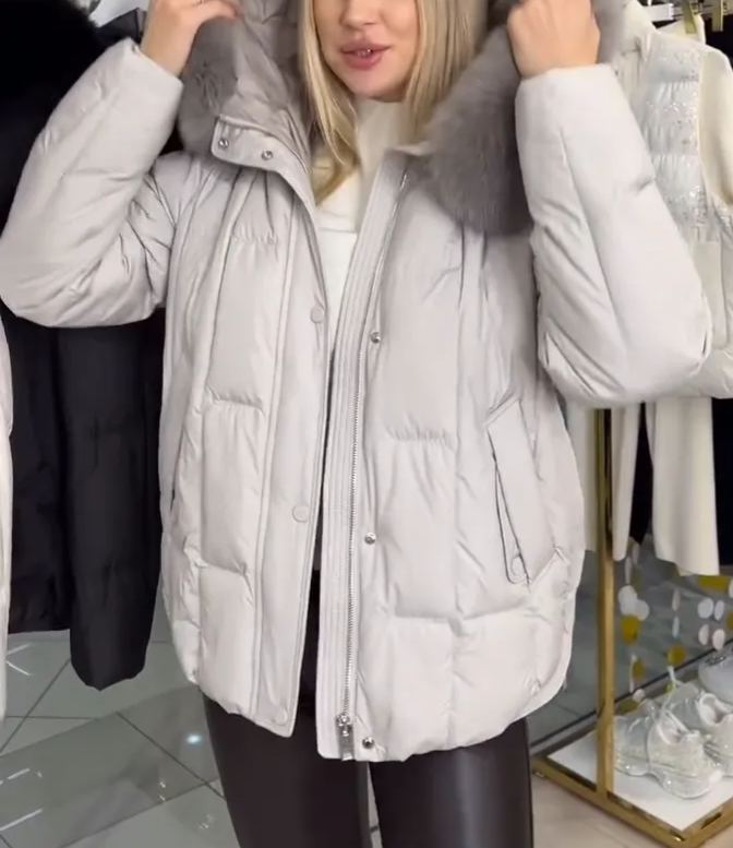 Oversized Fur-Hood Light Gray Down Jacket