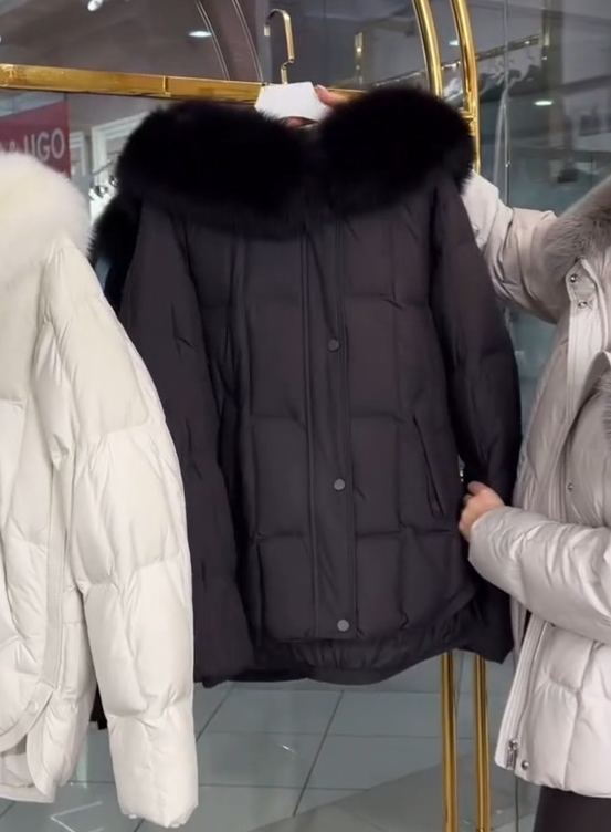 Oversized Fur-Hood Light Gray Down Jacket