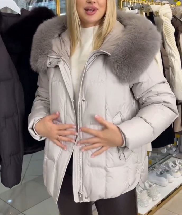 Oversized Fur-Hood Light Gray Down Jacket