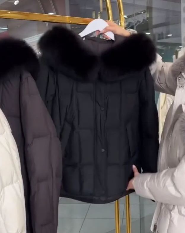 Oversized Fur-Hood Light Gray Down Jacket