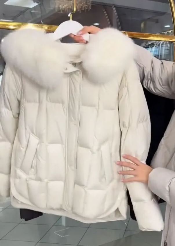 Oversized Fur-Hood Light Gray Down Jacket