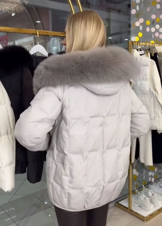 Oversized Fur-Hood Light Gray Down Jacket
