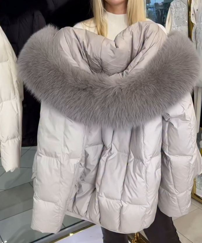 Oversized Fur-Hood Light Gray Down Jacket