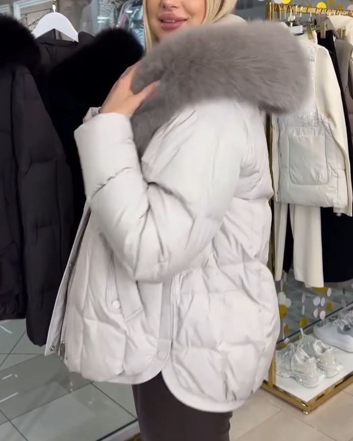 Oversized Fur-Hood Light Gray Down Jacket