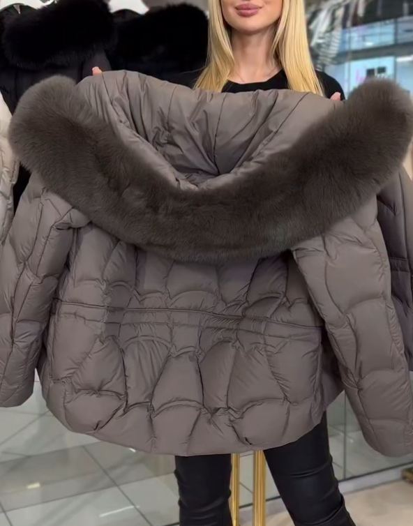 Light Luxury Fur-Collar Geometric-Quilted Down Jacket