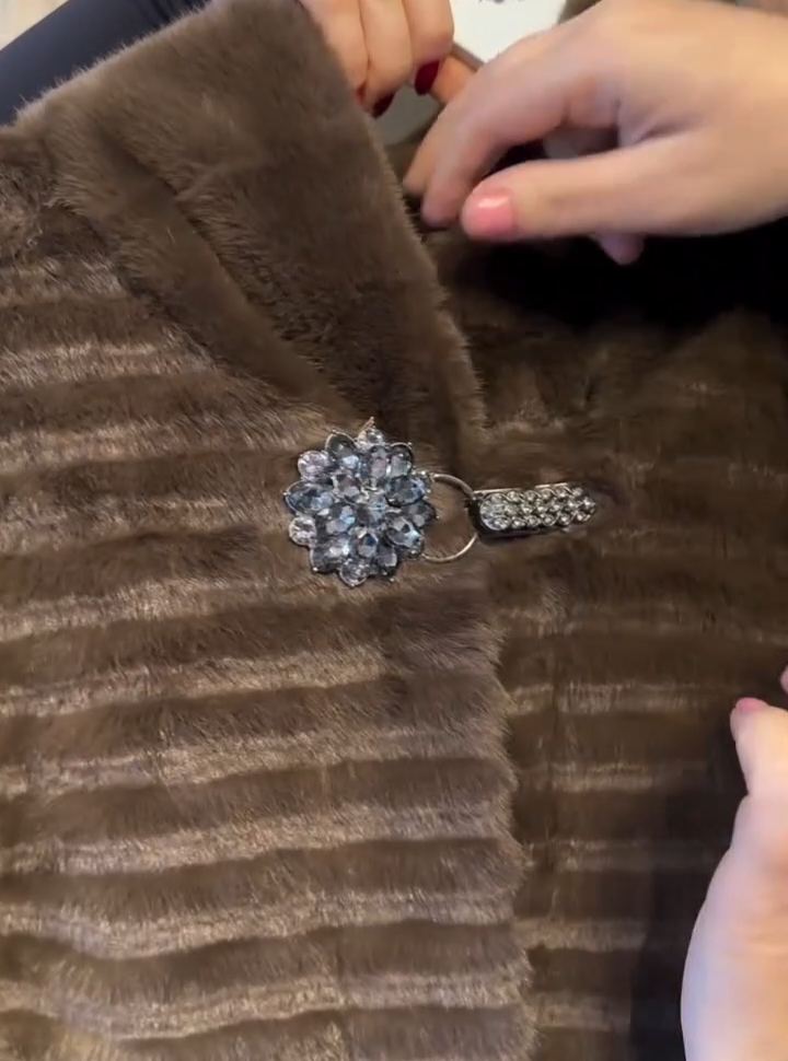 Glamorous Crystal-Embellished Magnetic Clasp Faux Fur Coat