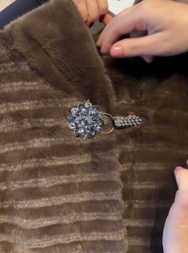 Glamorous Crystal-Embellished Magnetic Clasp Faux Fur Coat