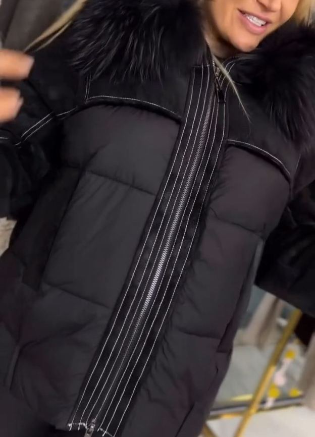 Shearling Patchwork Puffer Down Jacket with Removable Fur Collar