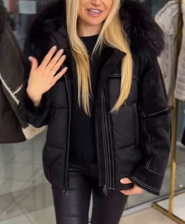 Shearling Patchwork Puffer Down Jacket with Removable Fur Collar