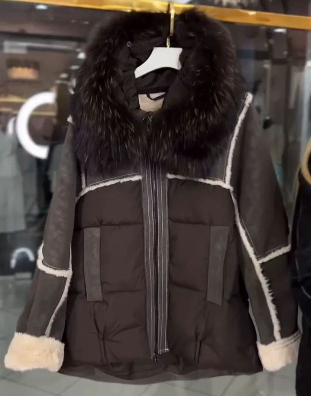 Shearling Patchwork Puffer Down Jacket with Removable Fur Collar