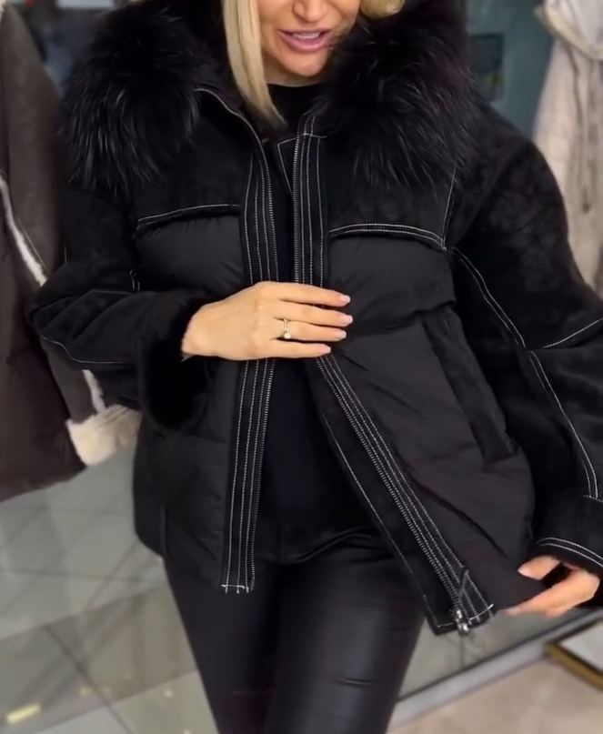 Shearling Patchwork Puffer Down Jacket with Removable Fur Collar