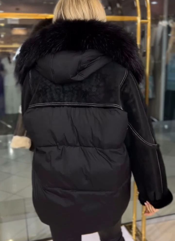 Shearling Patchwork Puffer Down Jacket with Removable Fur Collar