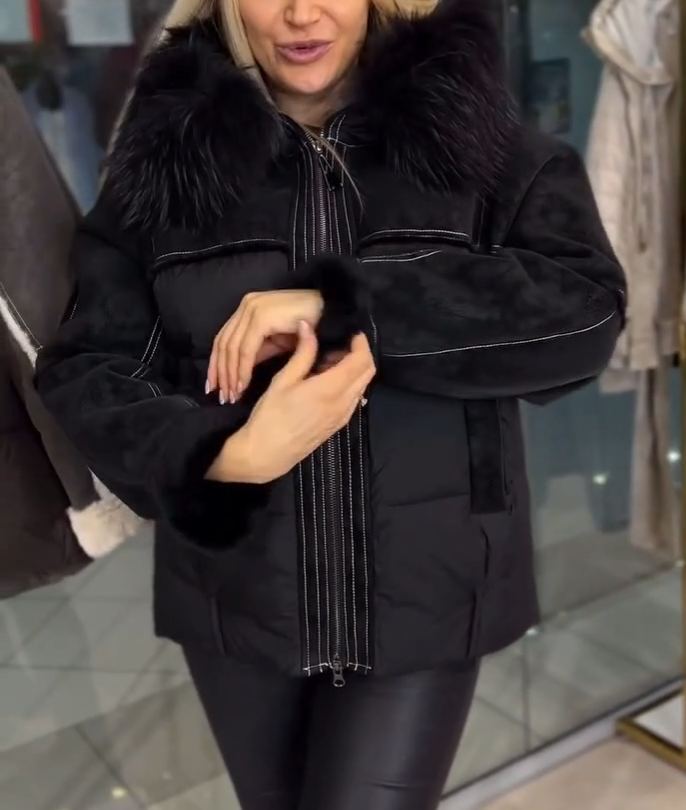 Shearling Patchwork Puffer Down Jacket with Removable Fur Collar