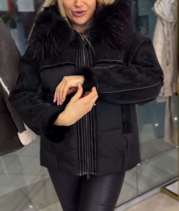 Shearling Patchwork Puffer Down Jacket with Removable Fur Collar