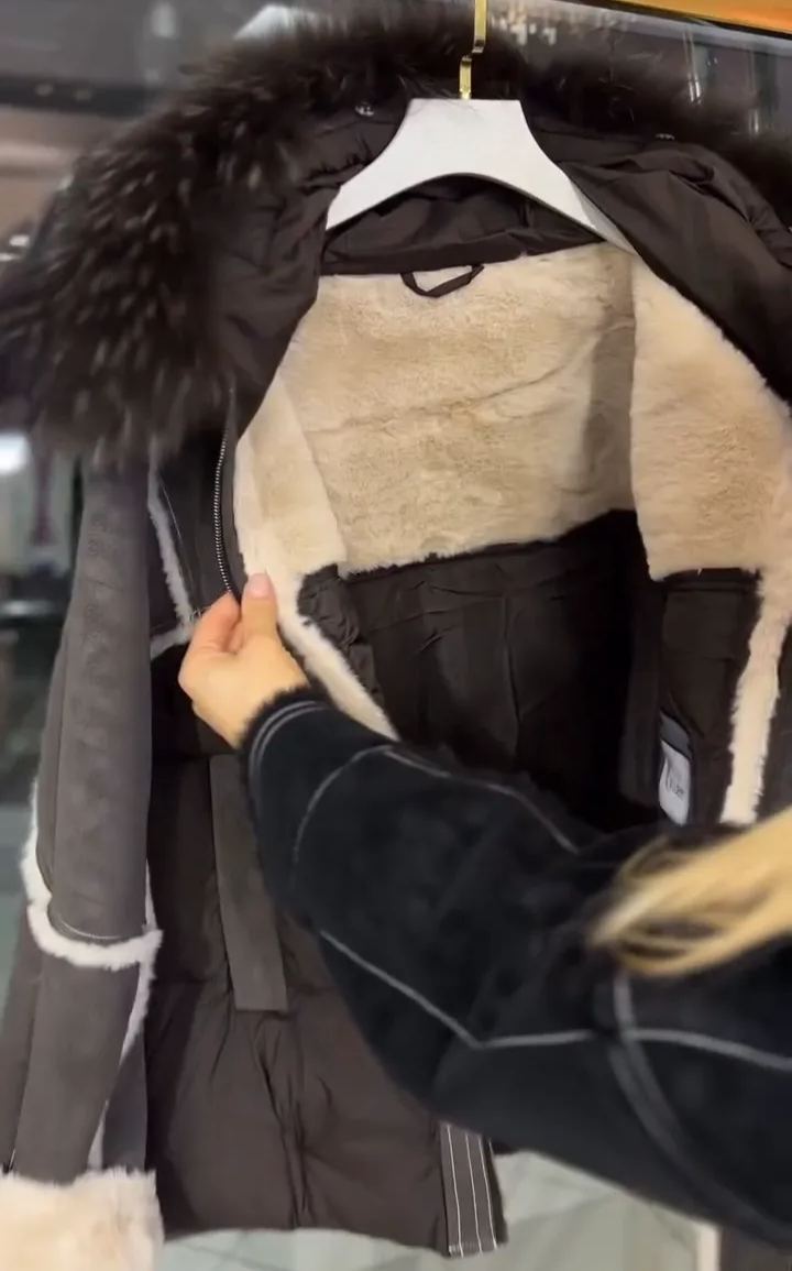 Shearling Patchwork Puffer Down Jacket with Removable Fur Collar