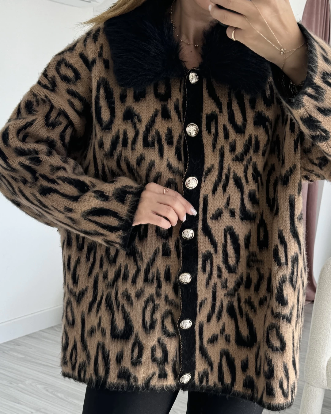 Black Fur Collar Gold Buttoned Cardigan