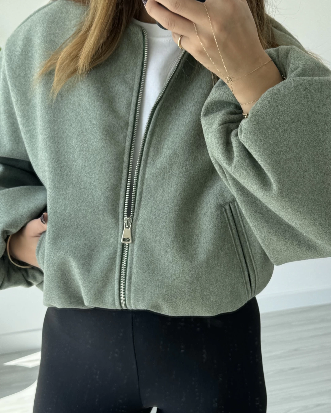 Green Zippered Short Cashmere Jacket