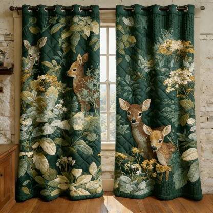 Woodland Fawn & Lush Foliage Embroidered Knitwear Quilted Curtains