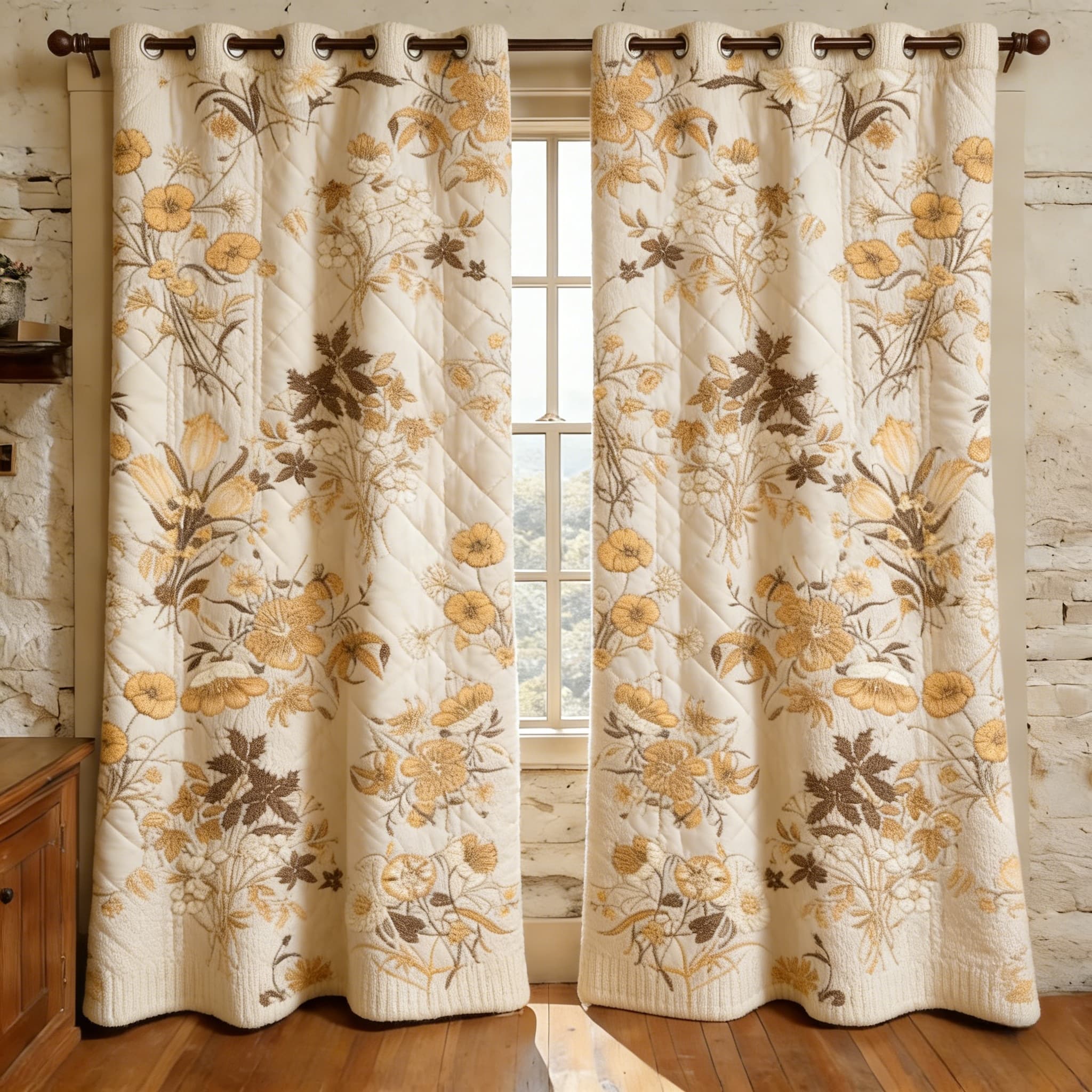 Vintage Gold & Brown Floral Vine Embroidered Knitwear Quilted Curtains