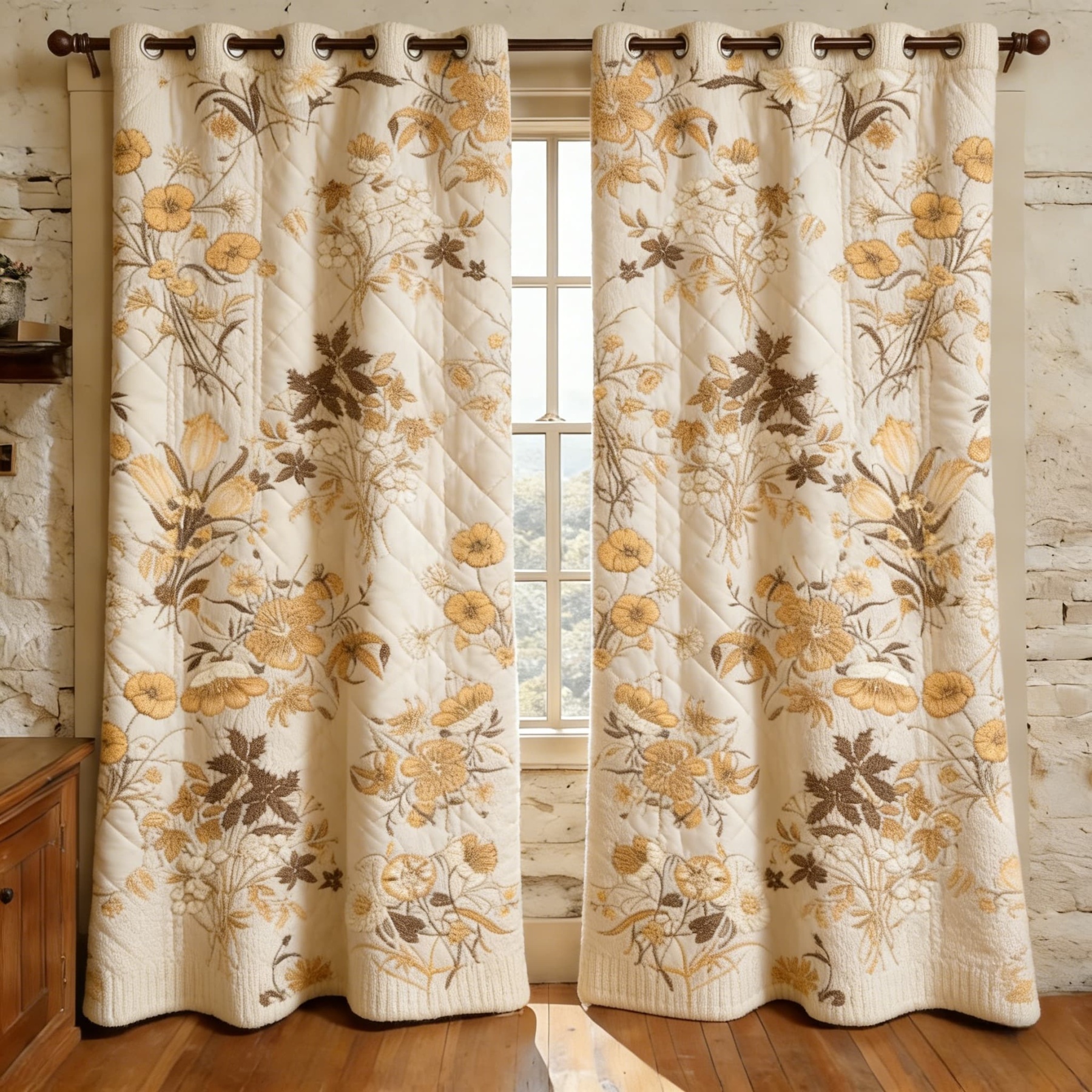 Vintage Gold & Brown Floral Vine Embroidered Knitwear Quilted Curtains
