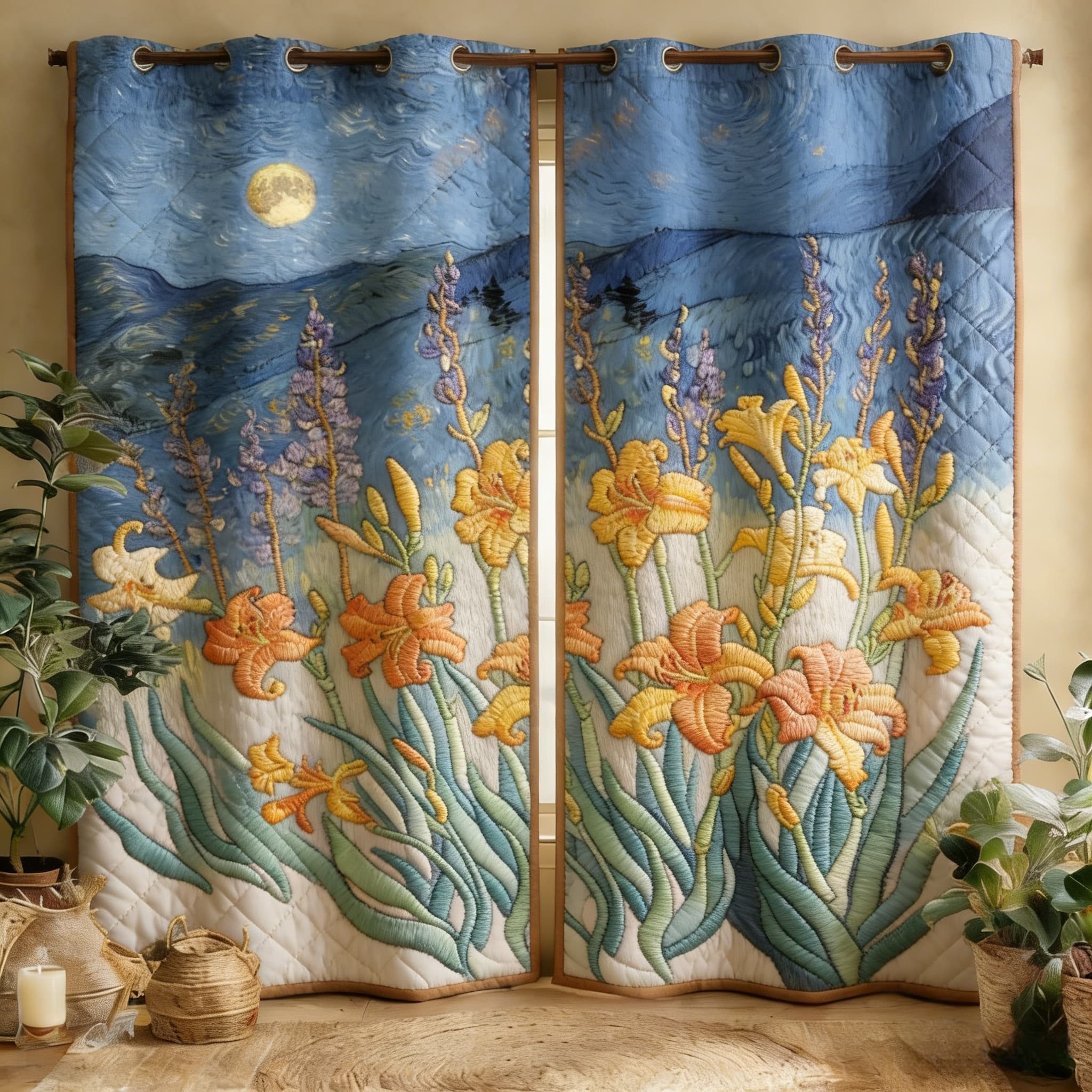 Van Gogh Style Moonlit Daylily Meadow Embroidered Knitwear Quilted Curtains