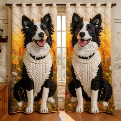 Cheerful Border Collie & Floral Meadow Embroidered Knitwear Quilted Curtains