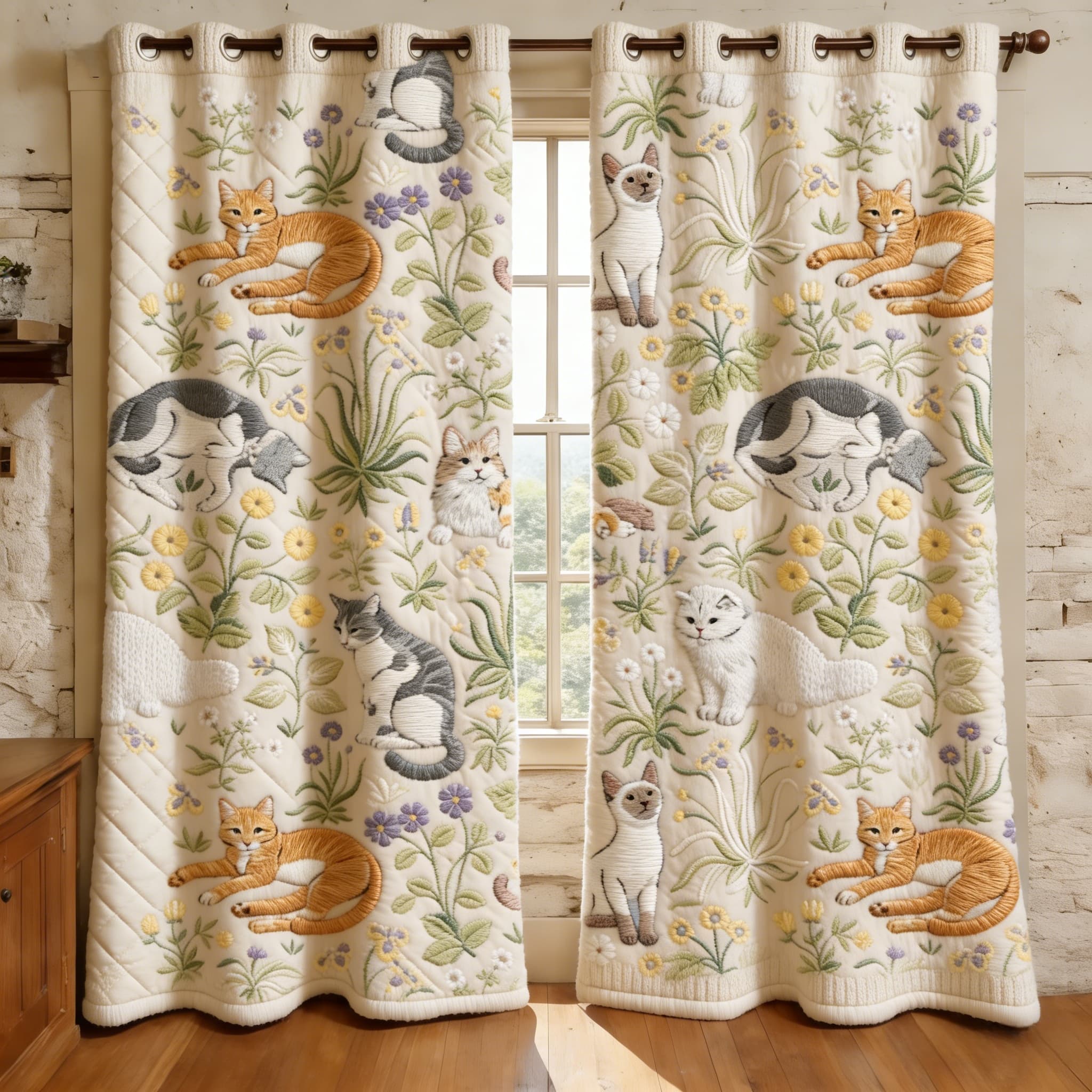 Whimsical Cats & Wildflower Garden Embroidered Knitwear Quilted Curtains