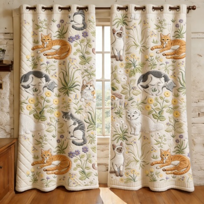 Whimsical Cats & Wildflower Garden Embroidered Knitwear Quilted Curtains
