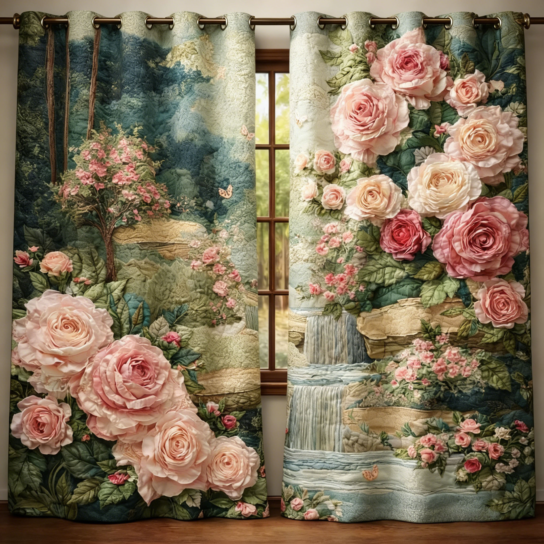 Garden Roses & Waterfall Landscape Embroidered Knitwear Quilted Curtai
