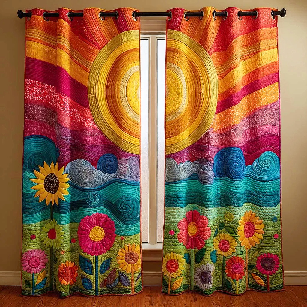 Vibrant Sun & Wildflower Meadow Embroidered Knitwear Quilted Curtains