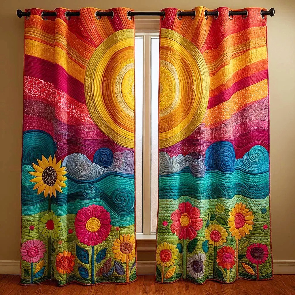 Vibrant Sun & Wildflower Meadow Embroidered Knitwear Quilted Curtains