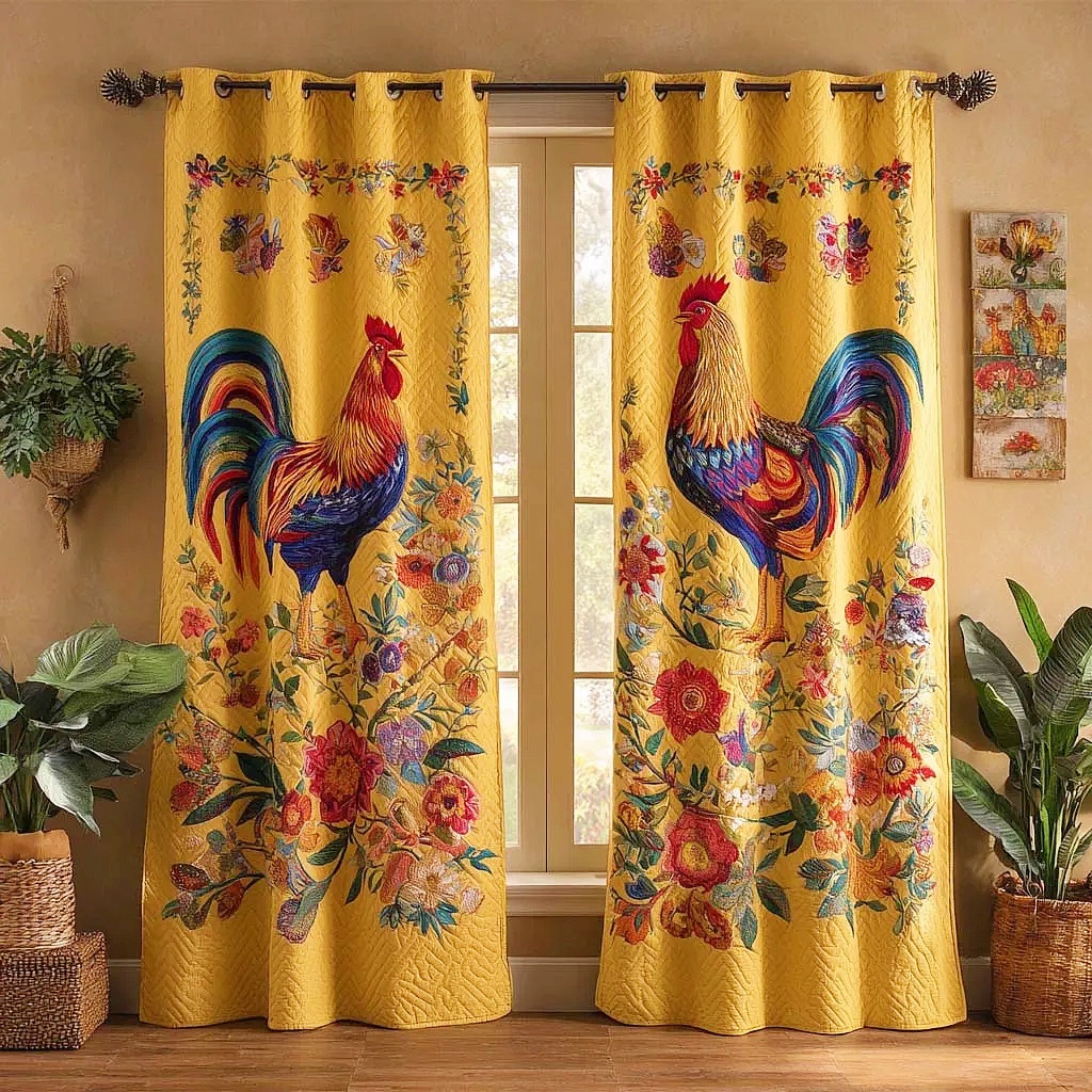 Yellow-Background Colorful Rooster & Floral Embroidered Knitwear Quilted Curtains