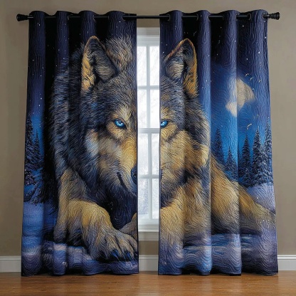 Moonlit Wolf & Forest Embroidered Knitwear Quilted Curtains