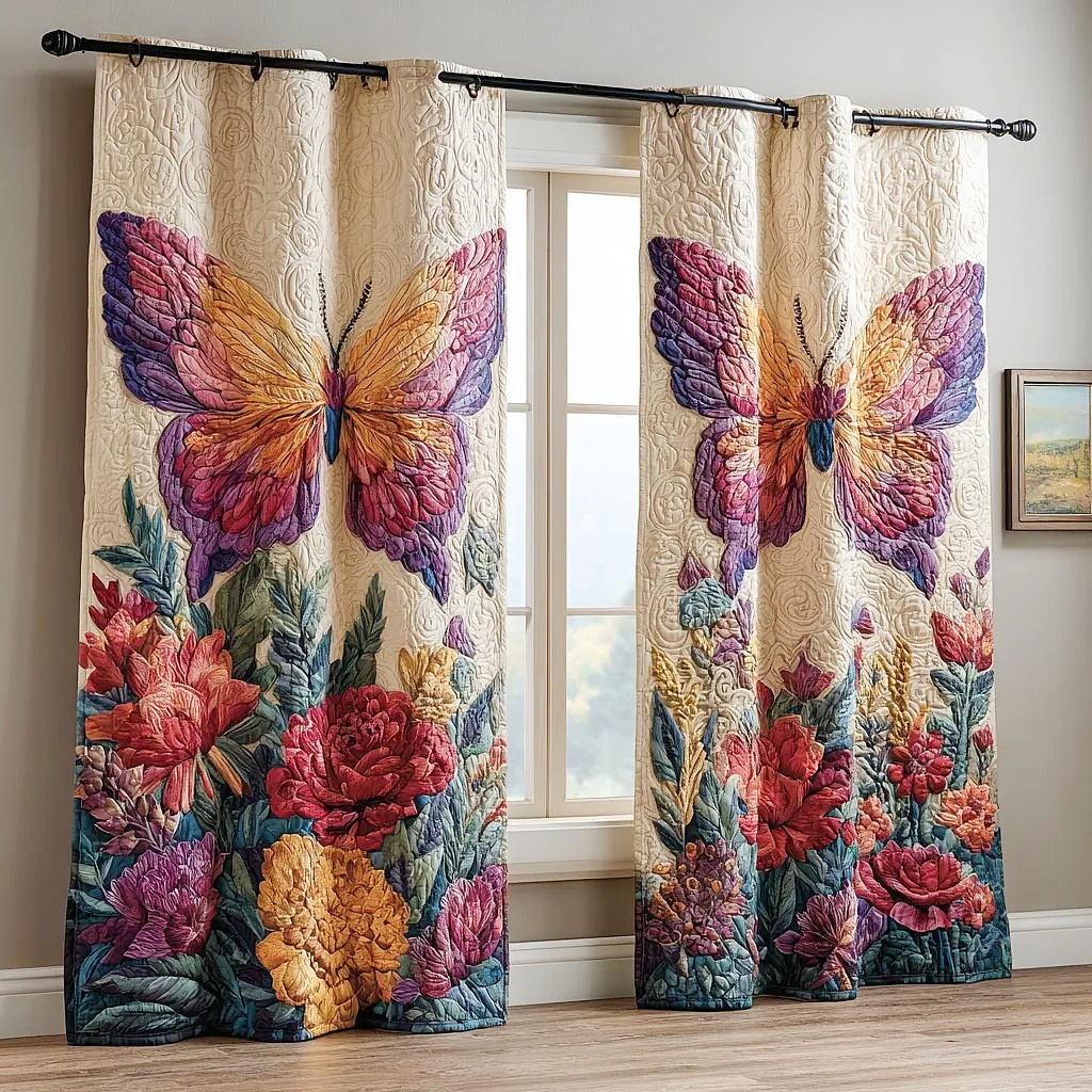 Colorful Butterfly & Floral Bouquet Embroidered Knitwear Quilted Curtains